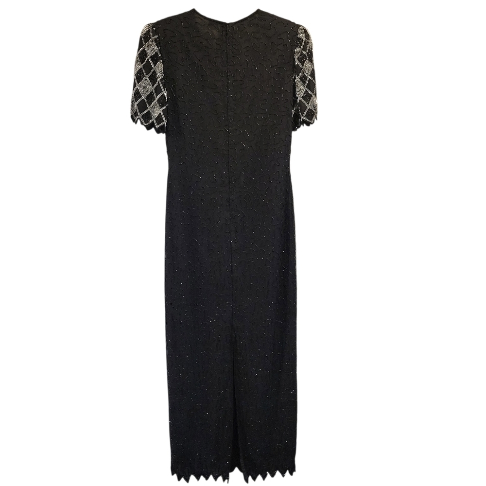 Vintage Laurence Kazar Silk Black Silver Beaded Sequined Full Length Gown Dress - Picture 6 of 12